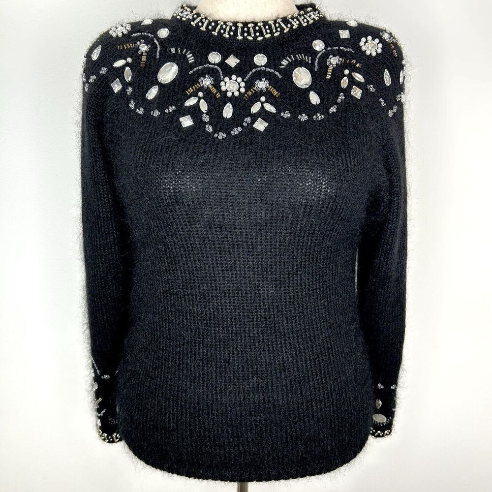 Maggie Lawrence Sweater Women S Black Mohair Embellished Jewel Bling Grandma 80s